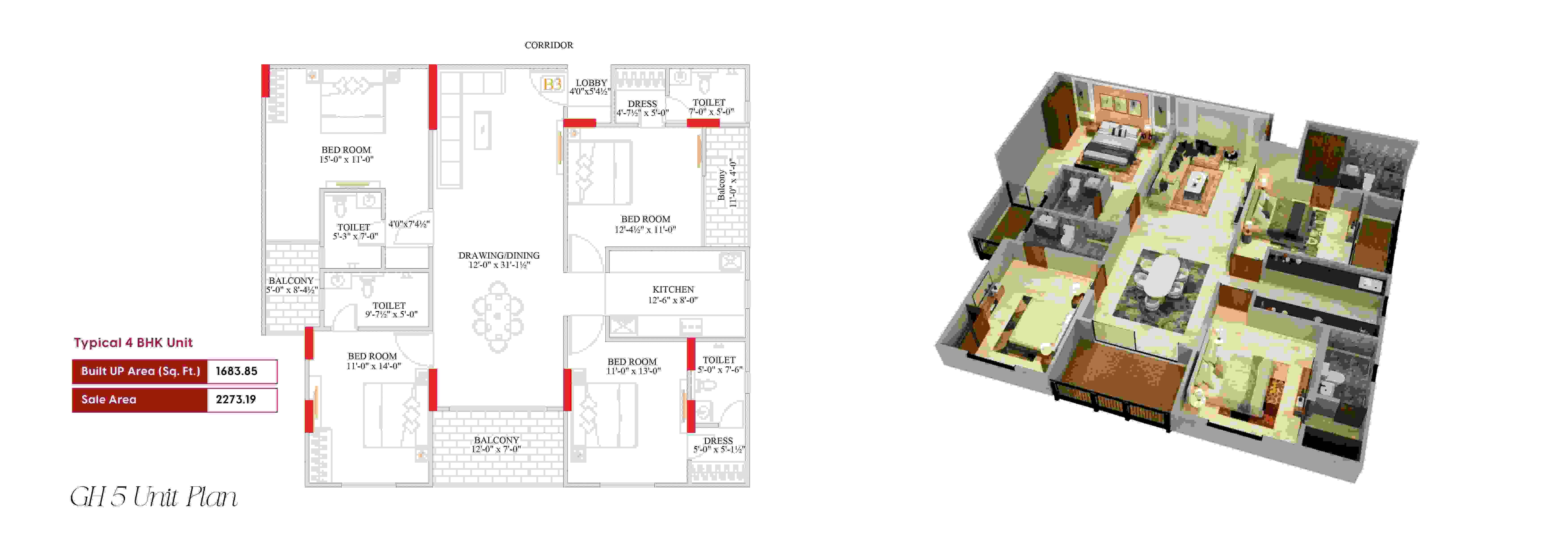 Architectural floor plan layout for a 4 BHK apartment at Gulmohar Heights